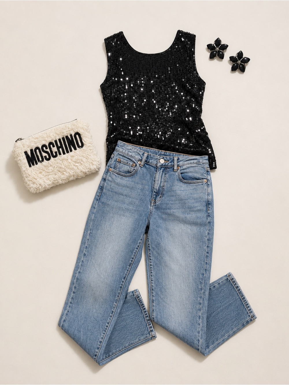 Designer Vintage Capsule Moschino Lisner Sequin Top Jeans 4 Piece Bundle
